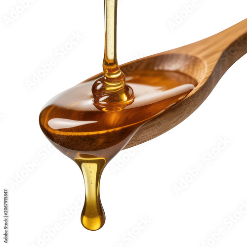 Golden liquid honey pouring from a wooden spoon, capturing the viscous texture and amber color, isolated on a solid black background