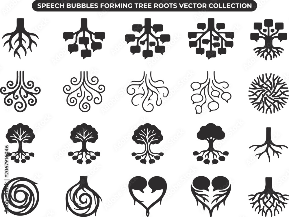 Fototapeta premium Speech Bubbles Forming Tree Roots Vector Collection: Communication and Connectivity Network Infographic Icons