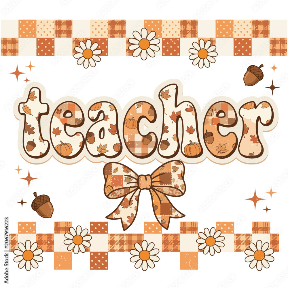 Naklejka premium Autumn teacher decoration with orange flowers and bow on white background