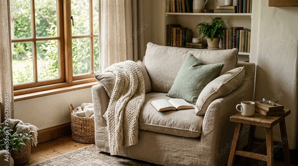 Fototapeta premium Oversized Linen Reading Chair Blanket Draped Over Arm Cosy Lifestyle Interior