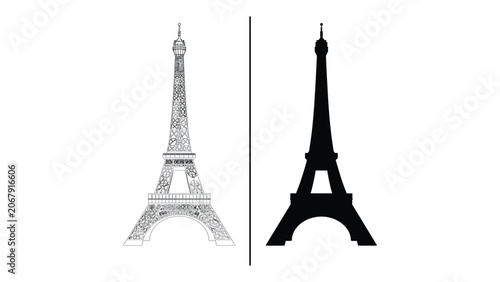 Fényképezés Eiffel Tower appears as both a detailed line sketch and a solid black silhouette side by side