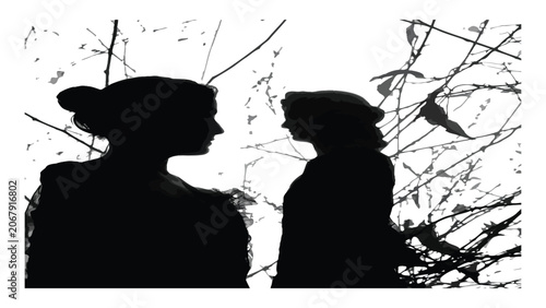 Foto Women silhouettes stand facing each other against a bright, abstract background with tree branches