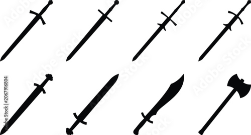 Obraz na plátně Set of various medieval swords and battle axe silhouettes isolated on a plain wh