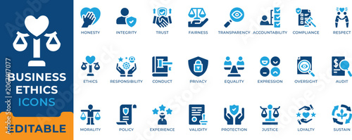 Tableau sur toile Business Ethics Integrity Compliance Trust Accountability Icon Set - editable vectors for corporate responsibility, legal governance, and moral conduct