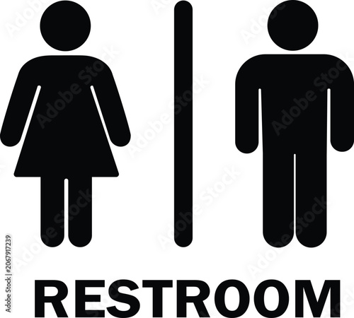 Restroom sign with male and female figures divider and text black white.