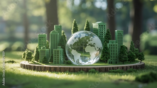 Globe on a wooden base surrounded by green buildings and glass, green cityscape with a transparent globe
