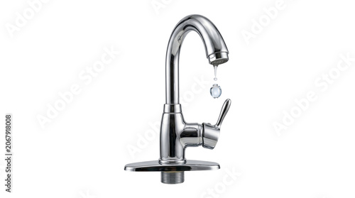 Fotografie Shiny metallic silver water tap featuring single flowing drop falling isolated on transparent background png