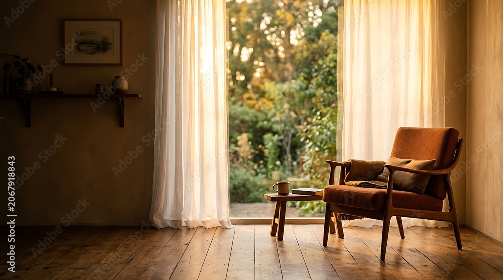 Fototapeta premium Cozy interior living room featuring a mid-century armchair and warm golden sunlight filtering through sheer curtains overlooking a lush garden