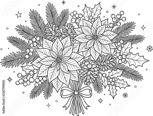 Obraz na plátně Christmas poinsettia flower bouquet coloring page vector with pine cones and hol