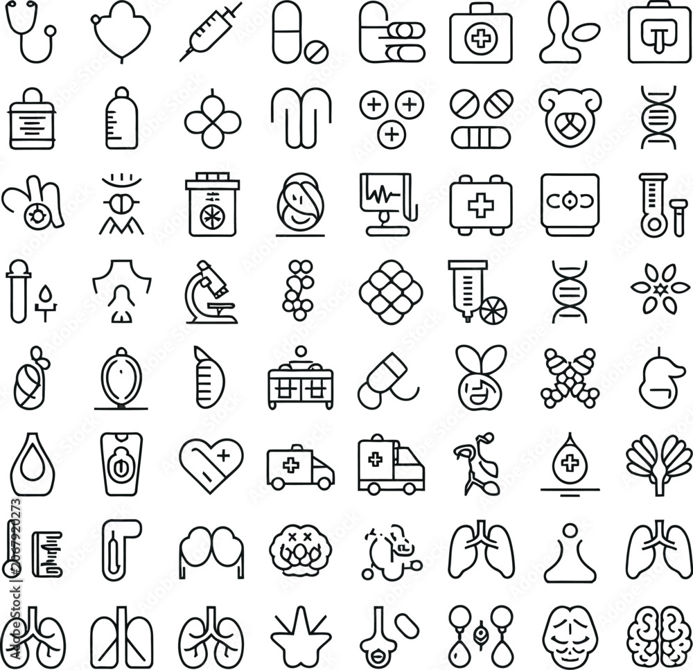 Fototapeta premium Medical and Healthcare Line Icon Set with Stethoscope and Organs