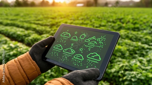 Farmer uses tablet to check agricultural weather forecast in field