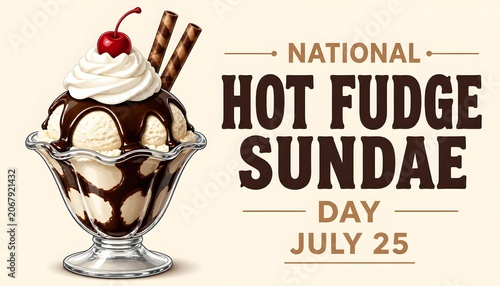 National Hot Fudge Sundae Day poster vector illustration. Vanilla ice cream sundae with whipped cream, chocolate icing and cherry on top vector. Template for background, banner, card. July 25