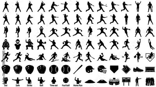 Bild auf Leinwand Dynamic collection of baseball player silhouettes and game icons