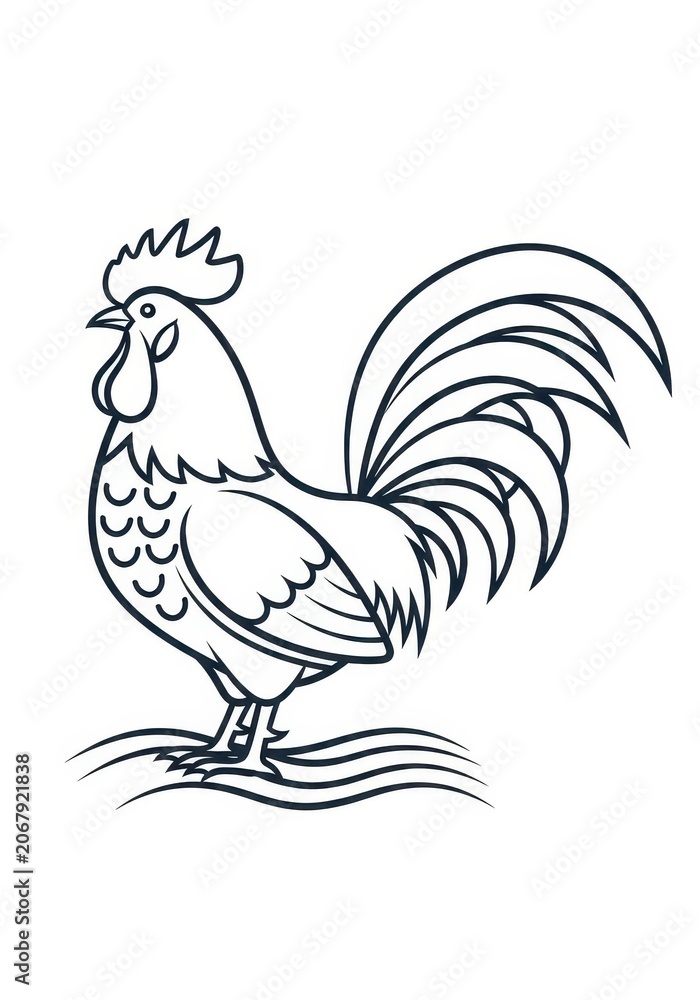 Fototapeta premium Hand Drawn Rooster Line Art Illustration for Coloring Book or Logo Design - Minimalist Farm Animal Vector Graphic