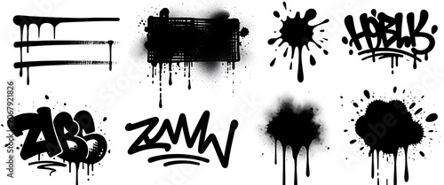 Set of black graffiti ink splashes drops and street art tag designs isolated.