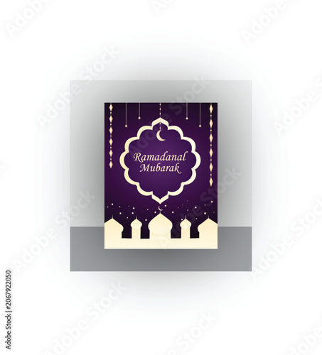 Ramadan Mubarak Greeting Card Design with Islamic Arch and Mosque Silhouette