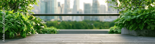 Urban garden balcony city skyline rooftop terrace wooden deck potted plant green foliage outdoor space urban nature home farming fresh basil background with urban garden balcony and city skyline