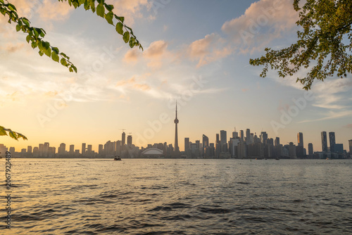 Photography Skyline view of Toronto with CN-Tower over Lake Ontario from Centre Island at su