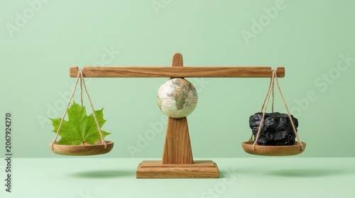 Balance scale with globe maple leaf and coal representing environmental sustainability and climate change concerns