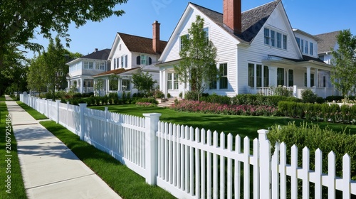 Beautiful suburban houses with white picket fence and manicured green lawns