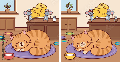 Foto Find the differences game vector worksheet for kids with cute cartoon sleeping c