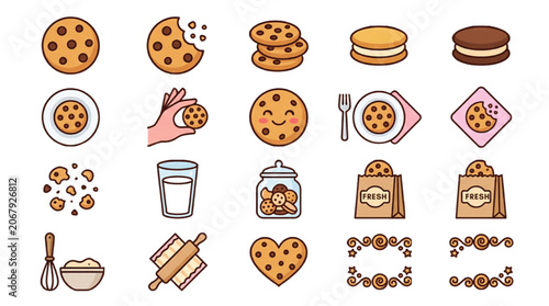 Fotografía Chocolate chip cookie icon set, 20 cute bakery vector elements, sweet biscuit an