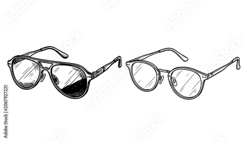 Classic aviator and round eyeglasses frames optical spectacles hand drawn sketch vector illustration isolated on plain white background