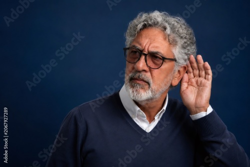 Senior man with glasses and gray hair cups his ear, straining to hear, dealing with hearing issues or focusing intently