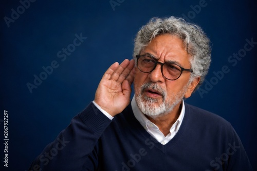 Senior man cupping hand to ear, trying to hear and understand, listening intently with confused expression