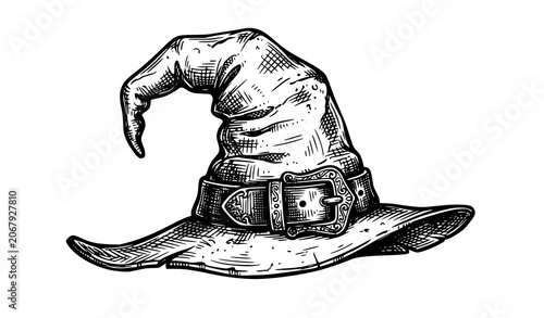 Photos Crooked halloween witch hat hand drawn sketch vector illustration isolated on pl
