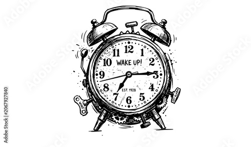 Bild auf Leinwand Vintage ringing twin bell alarm clock hand drawn sketch vector illustration isol
