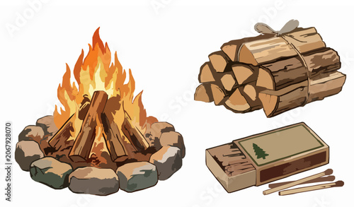 Foto Campfire with stone ring firewood bundle and matchbox vector illustration isolat