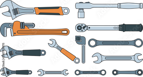 Tableau sur toile Hand tools wrench and spanner vector illustration set with adjustable pipe wrenc