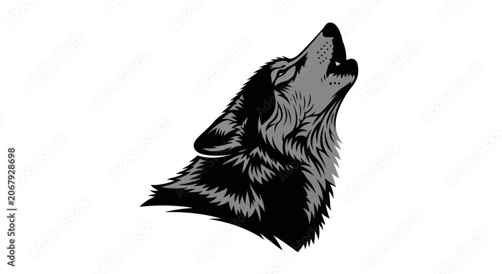 Obraz premium Vintage howling wolf head vector illustration, black and grey timber wolf profile, wild animal mascot for outdoor apparel and logo design
