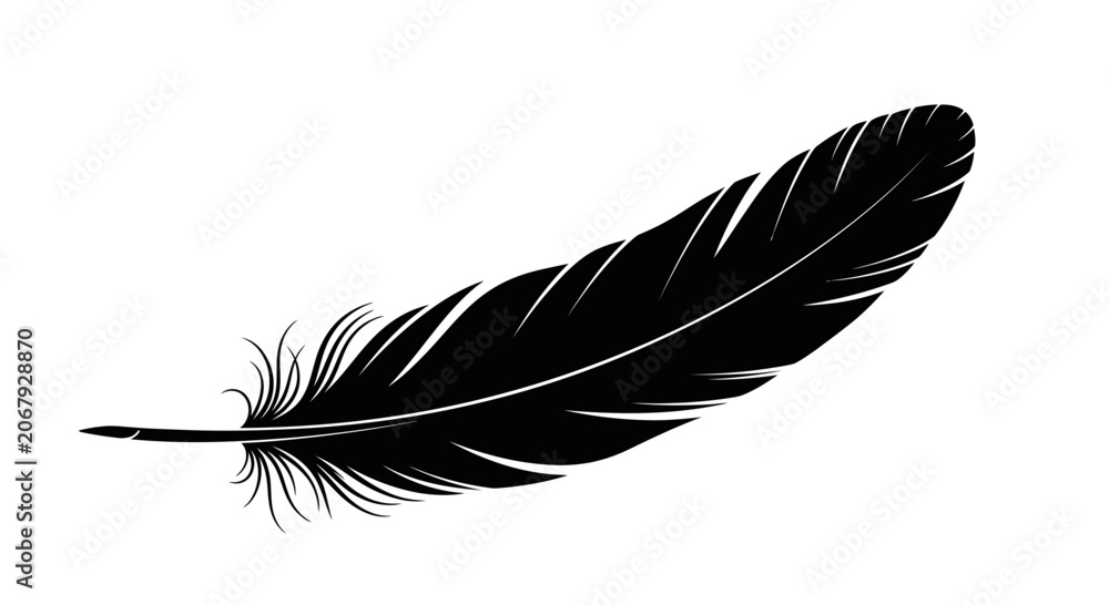 Obraz premium Black feather silhouette vector, elegant bird plume illustration, minimalist quill icon isolated on white background for logo design