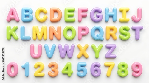 Colorful plastic alphabet letters and numbers isolated on white background
