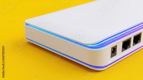 Modern wireless router with LED light strips and multiple Ethernet ports on a vibrant yellow background, showcasing networking technology and internet connectivity device