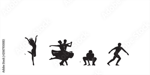 Photos Group of people silhouettes dancing with raised arms, energetic party movement,