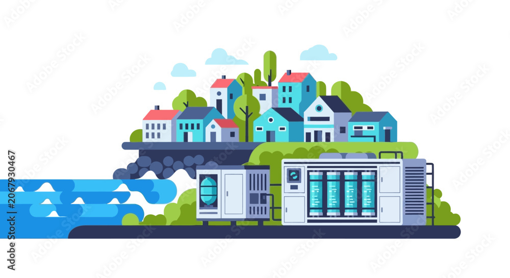 Obraz premium Sustainable Water Desalination Plant for Coastal Community Illustration - Flat Vector Concept of Clean Energy and Environmental Infrastructure for Smart Cities