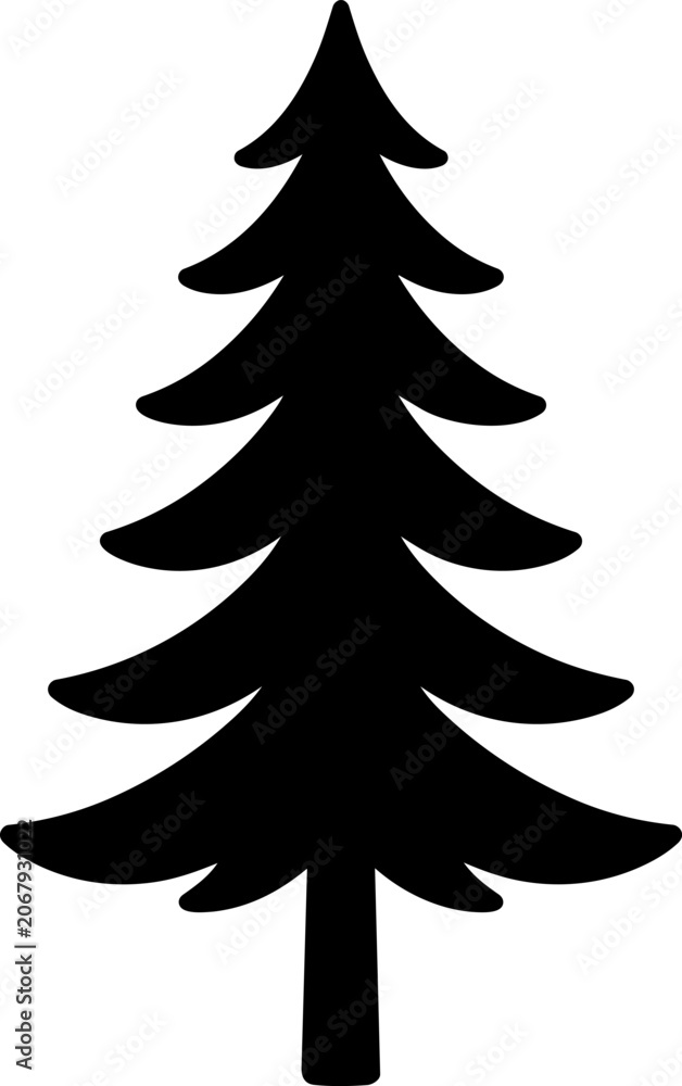 Obraz premium Pine tree black silhouette icon isolated on white background. Bold vector-style illustration for forest, nature, evergreen, eco logo, sticker, label, decal and cut file design.