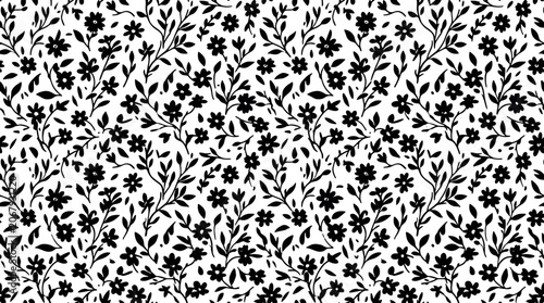 Ditsy floral seamless pattern small black flowers and twigs background with seamless background wallpaper botanical monochrome illustration decorative ornament repetitive aesthetic