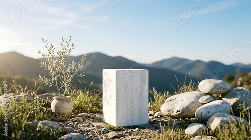 Empty marble podium for product presentation in natural outdoor landscape with olive tree and stones