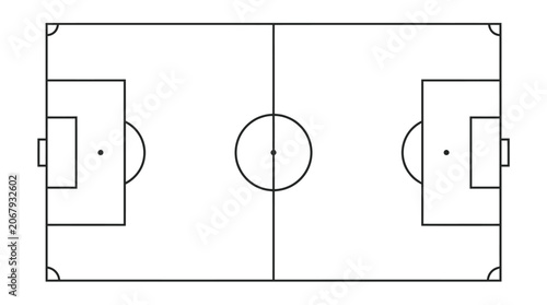 Football field top view diagram with black lines on a solid white background ideal for sports strategy and training plans, EPS vector