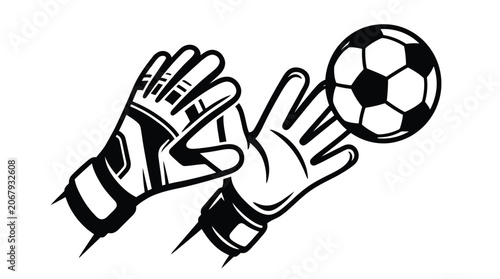 Goalkeeper glove and human hand catching soccer ball black and white line art illustration on solid white background, EPS vector
