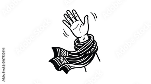 Hand waving gesture wearing patterned scarf line art on white background, EPS vector illustration