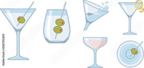 Foto Classic martini cocktail drink vector illustration set with green olive garnish