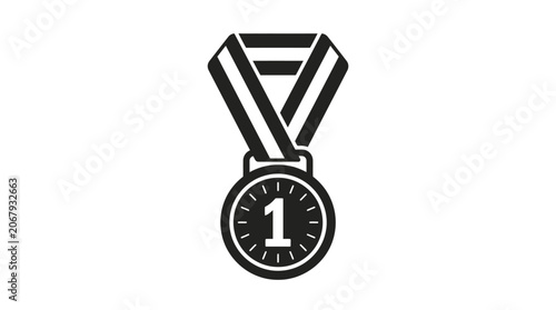 Medal first place icon with striped ribbon design isolated on solid white background, EPS vector illustration