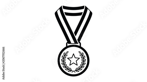 Medal black outline icon with star laurel wreath and striped ribbon on solid white background, EPS vector illustration