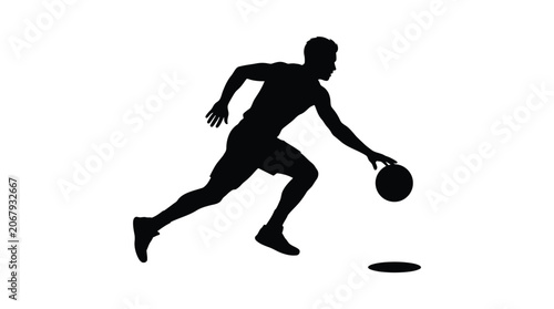 Male basketball player dribbling ball in action pose silhouette on solid white background, EPS vector illustration