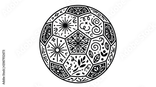 Soccer ball ornate floral geometric pattern black line art isolated white background, EPS vector illustration